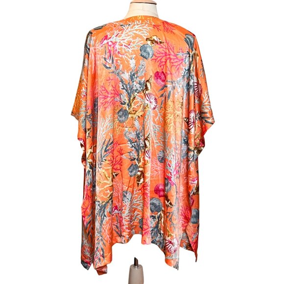 Chicos Kimono Cover Up L / XL Orange Coral Reef Resort‎ Nautical Sea Pockets - Picture 2 of 8